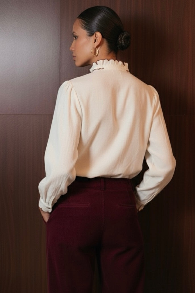 Camicia Donna Ricamata 100% Cotone | Dettaglio Colletto a Ricamo | Stile Romantico Elegante