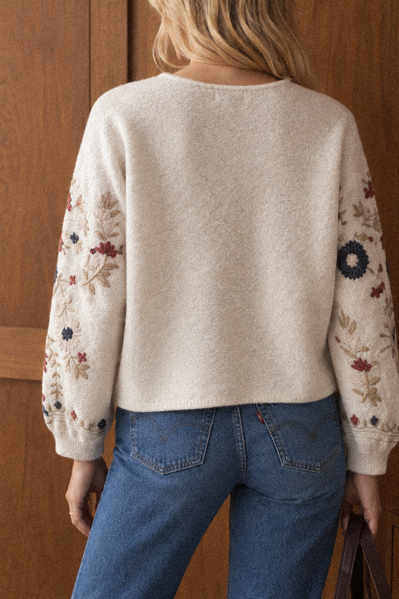 Cardigan bianco con ricami foglia dí ginkgo blu