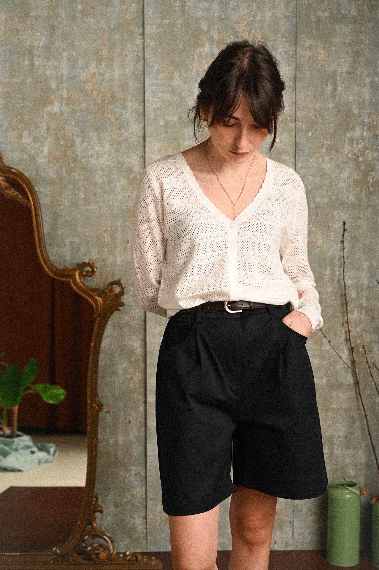 Cardigan Glicine Donna Bianco Traforato con Bottoni