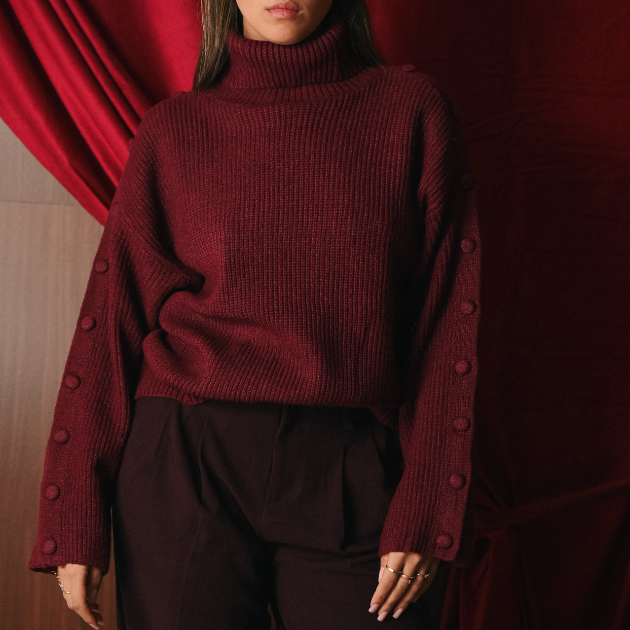 Maglione Donna Collo Alto Bordeaux | Pullover Misto Lana Bottoni sulle Maniche