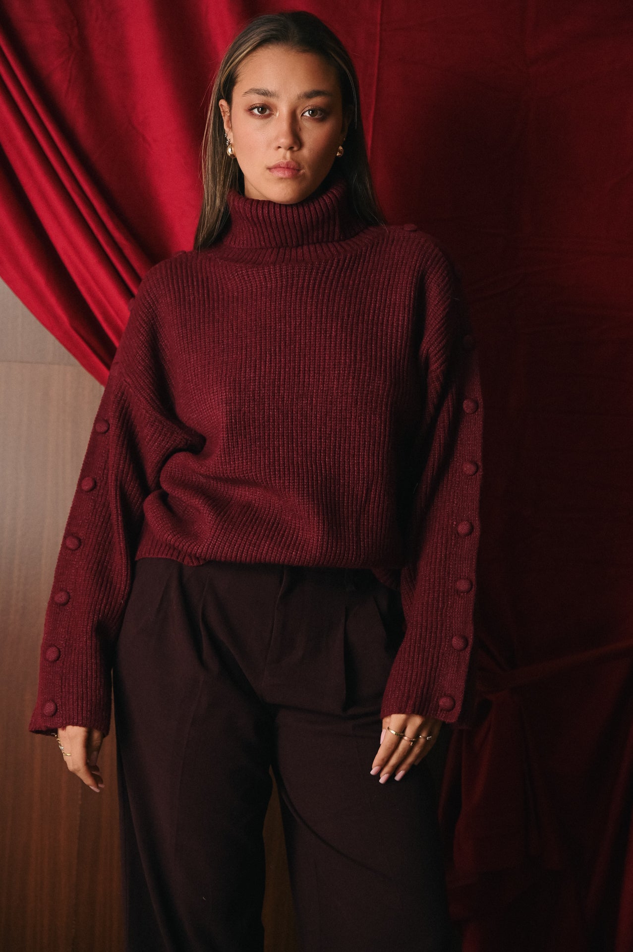 Maglione Donna Collo Alto Bordeaux | Pullover Misto Lana Bottoni sulle Maniche