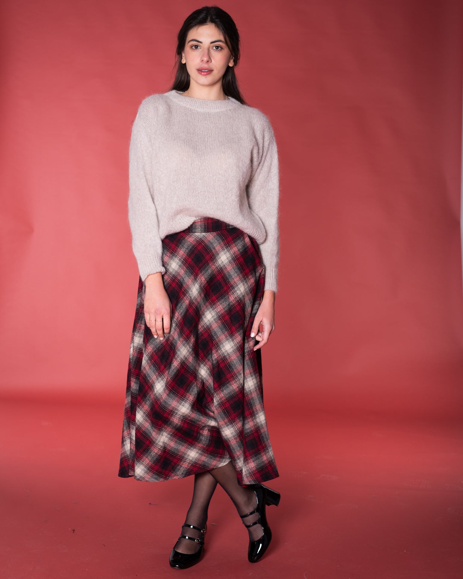 Gonna lunga in tartan bordeaux