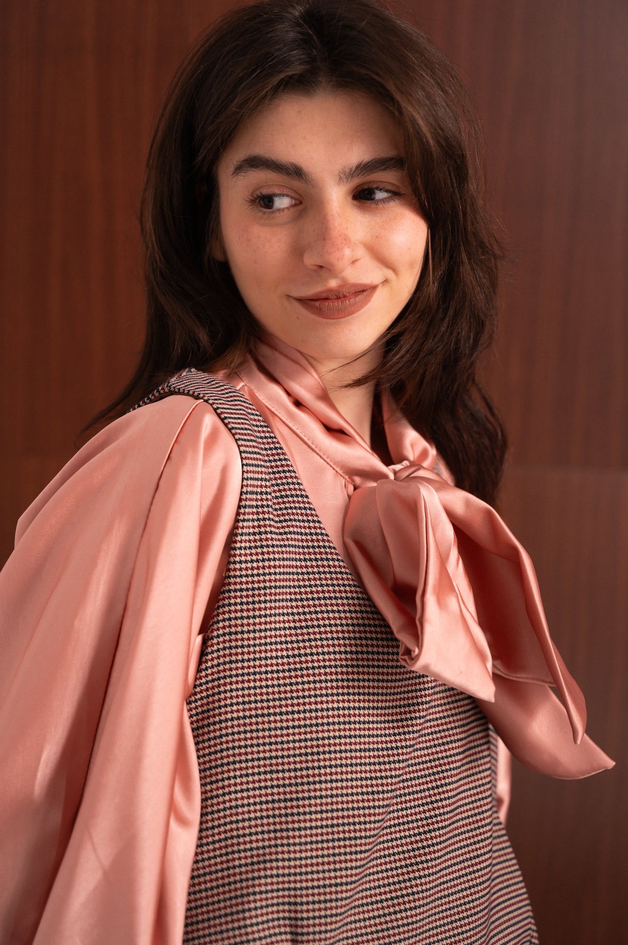 Abito smanicato pied de poule bordeaux e blu con zip laterale