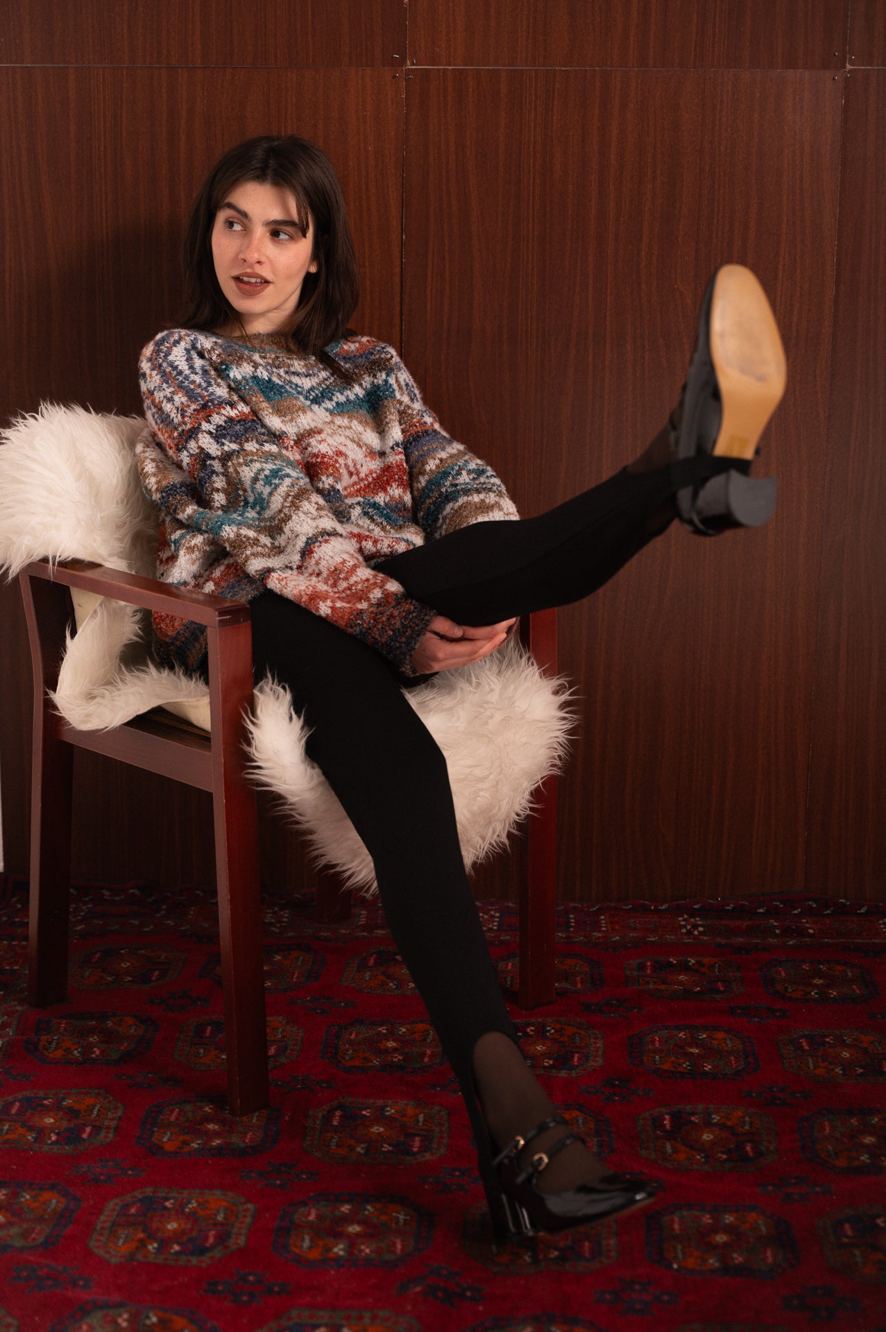 Maglione fantasia a righe petrolio panna e arancio– morbido effetto mélange