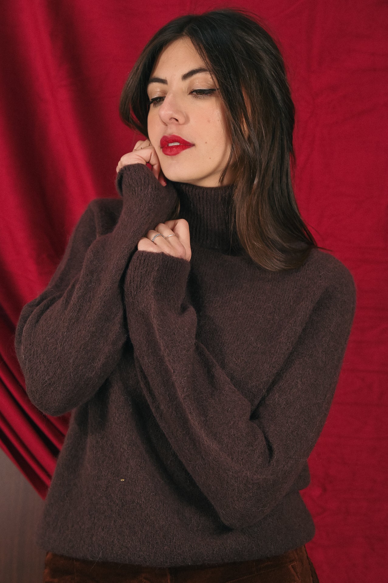 Maglione marrone collo alto donna Amelìe misto alpaca e lana | made in Italy