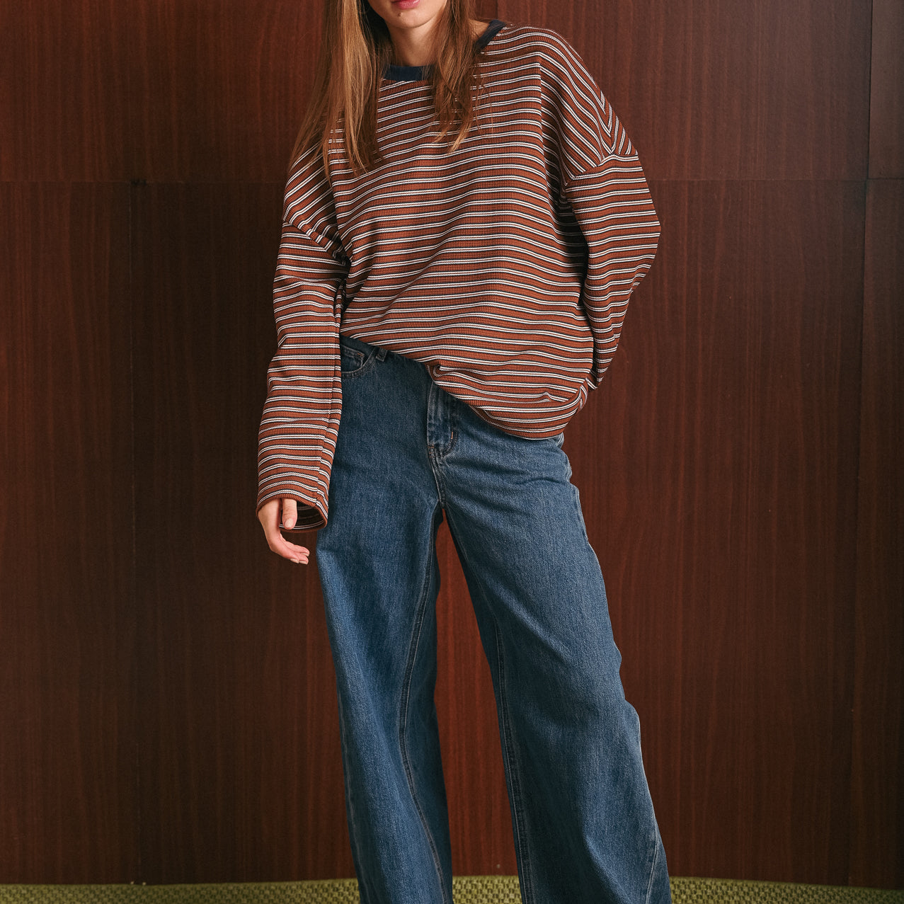 Blusa Donna Morbida a Righe Marroni Blu e Bianche in Cotone Stretch