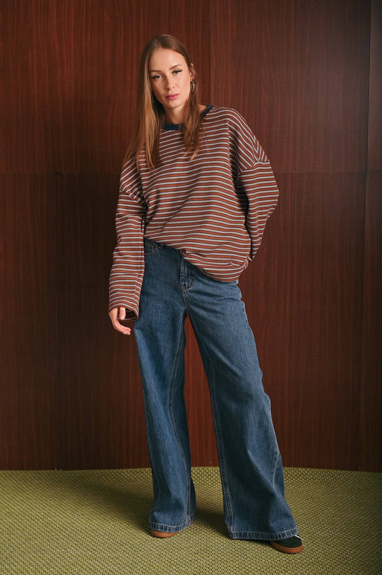 Blusa Donna Morbida a Righe Marroni Blu e Bianche in Cotone Stretch