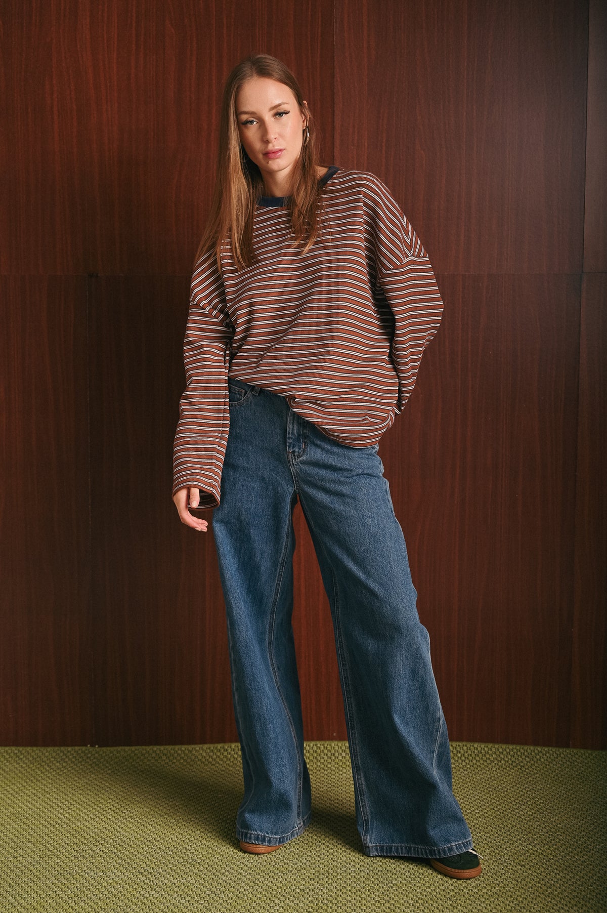 Blusa Donna Morbida a Righe Marroni Blu e Bianche in Cotone Stretch