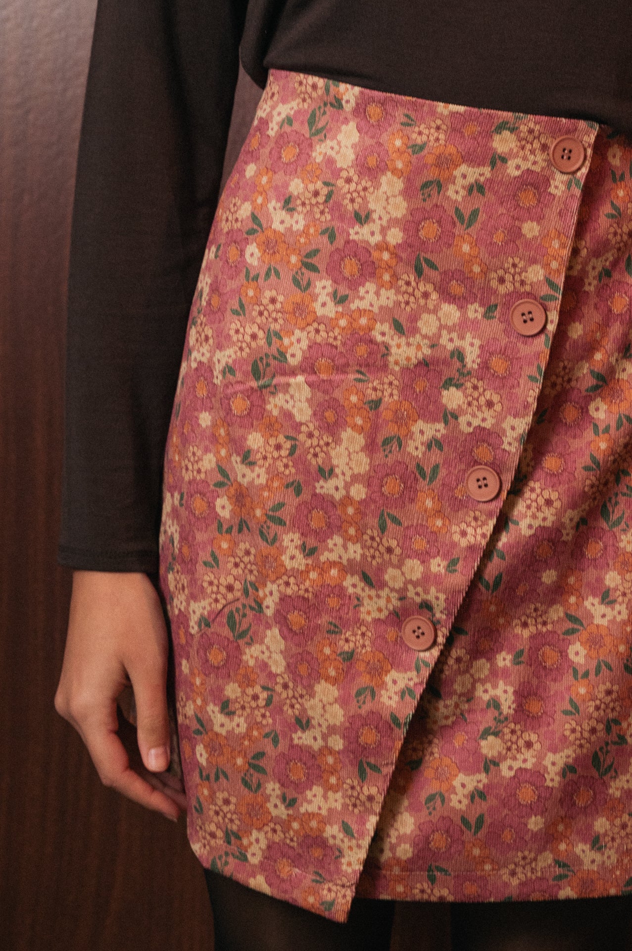 Gonna Mini a Portafoglio in Velluto a Coste Floreale