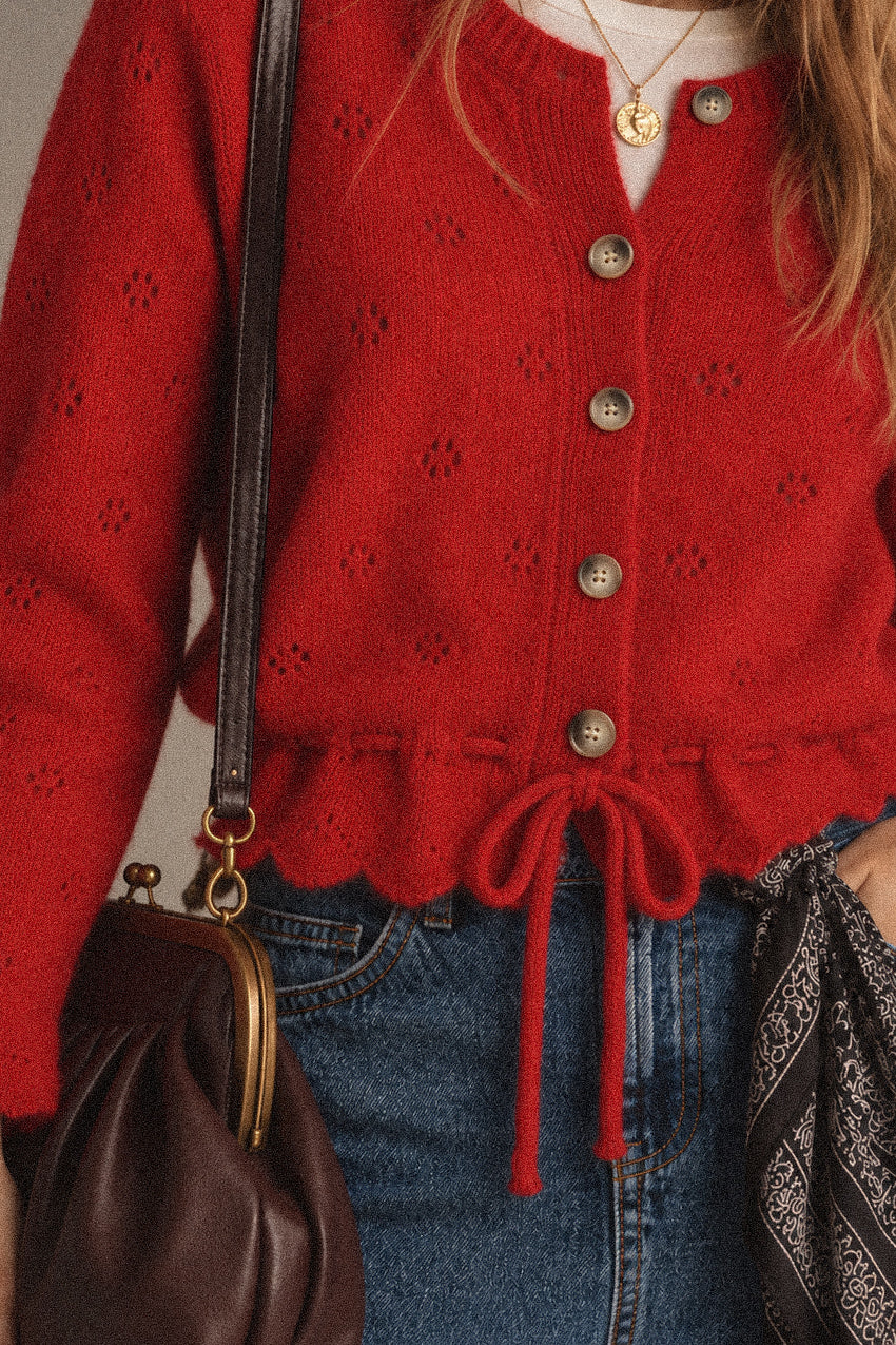 Cardigan rosso Navy in Misto Lana con Ricamo Traforato e Cintura