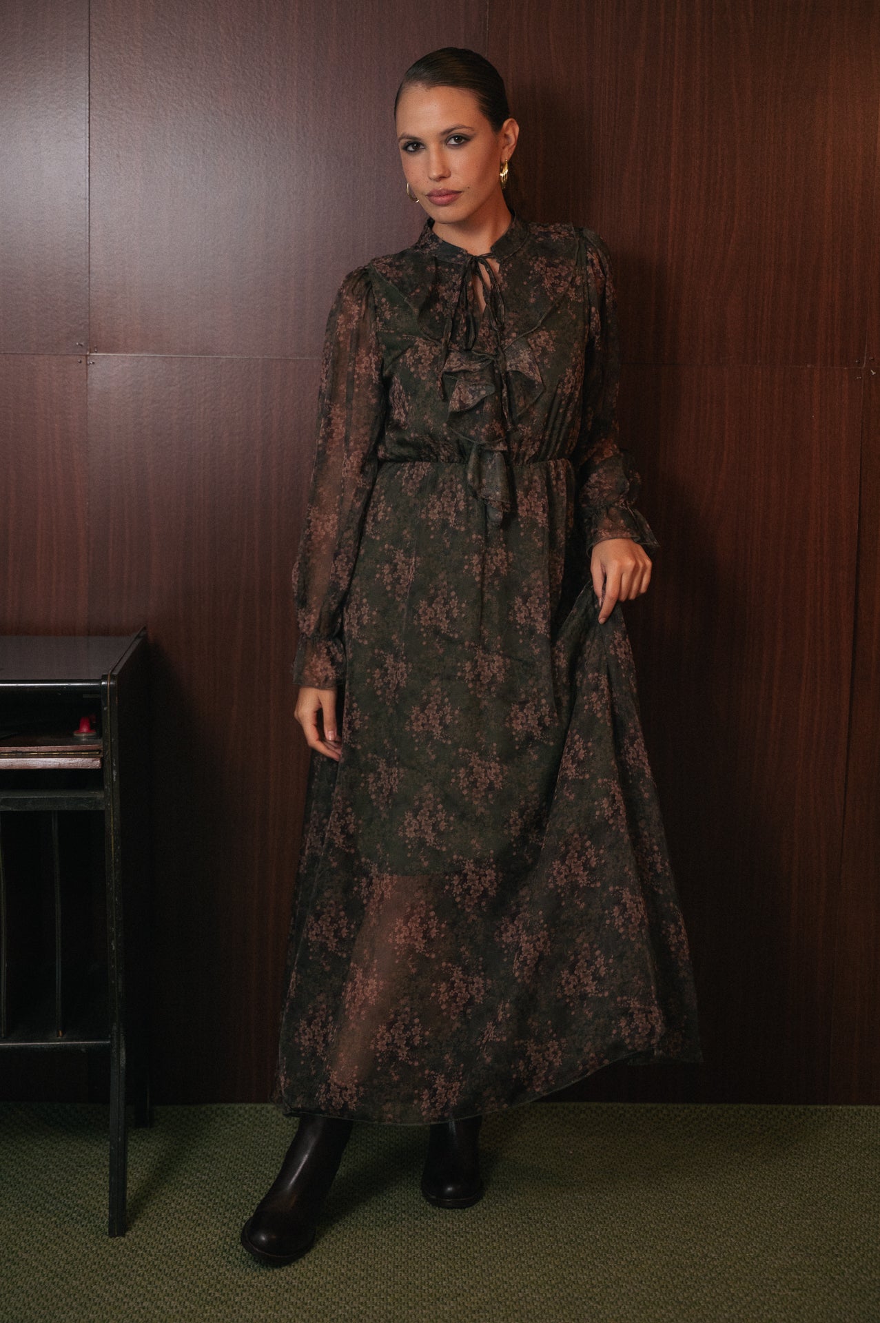 Abito Lungo Donna Floreale Trasparente | Volant e Fusciacca Verde Scuro | Elegante