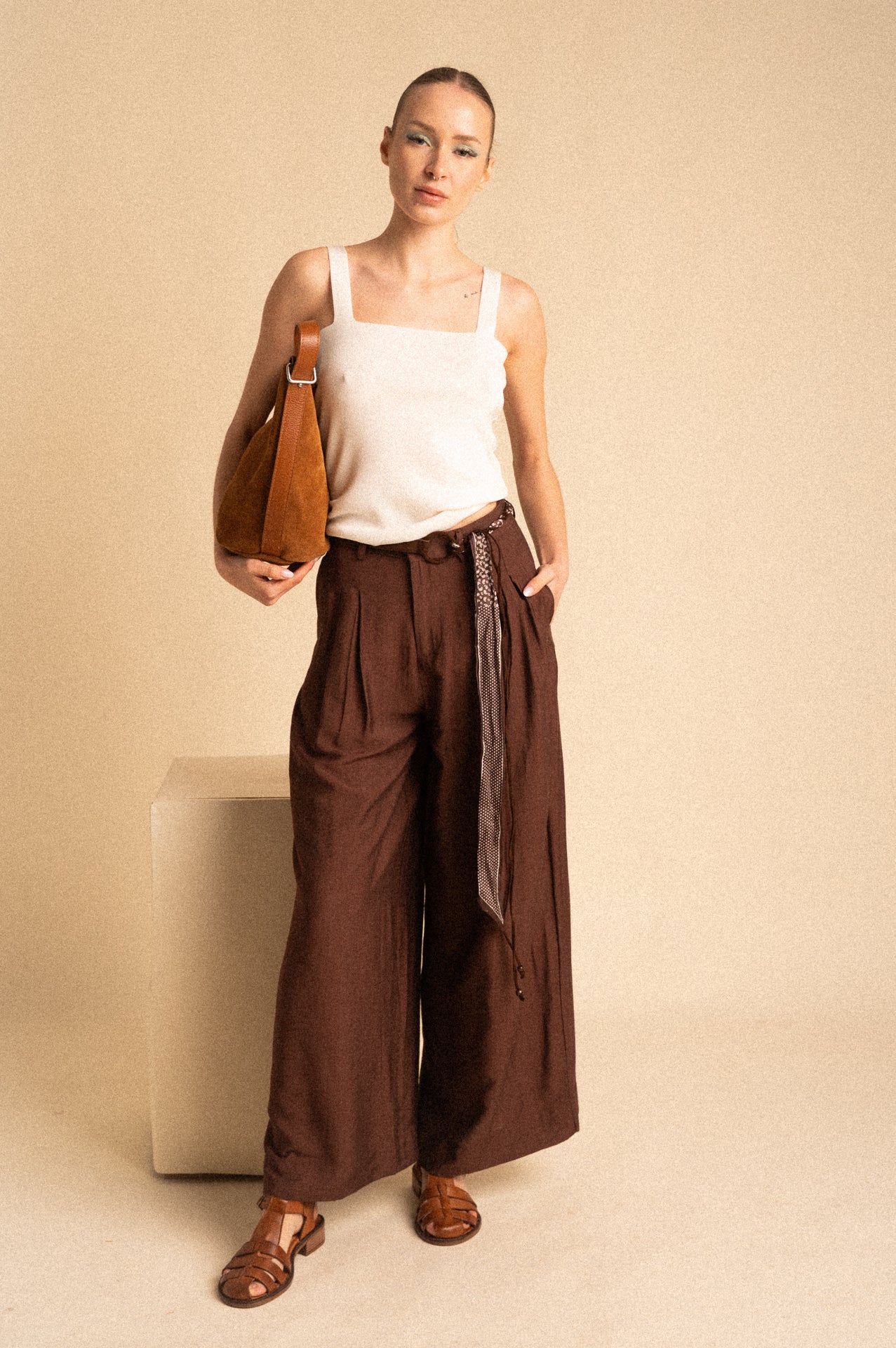 Pantalone Palazzo marrone Donna con Cintura Fantasia