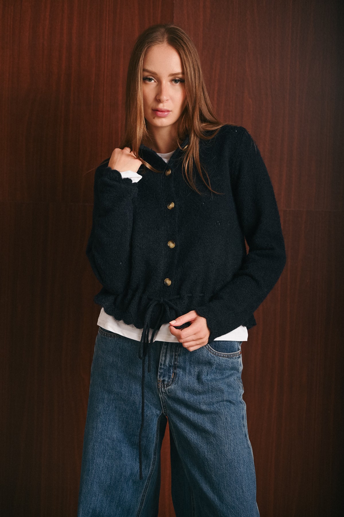 Cardigan Donna Blu Navy in Misto Lana con Ricamo Traforato e Cintura