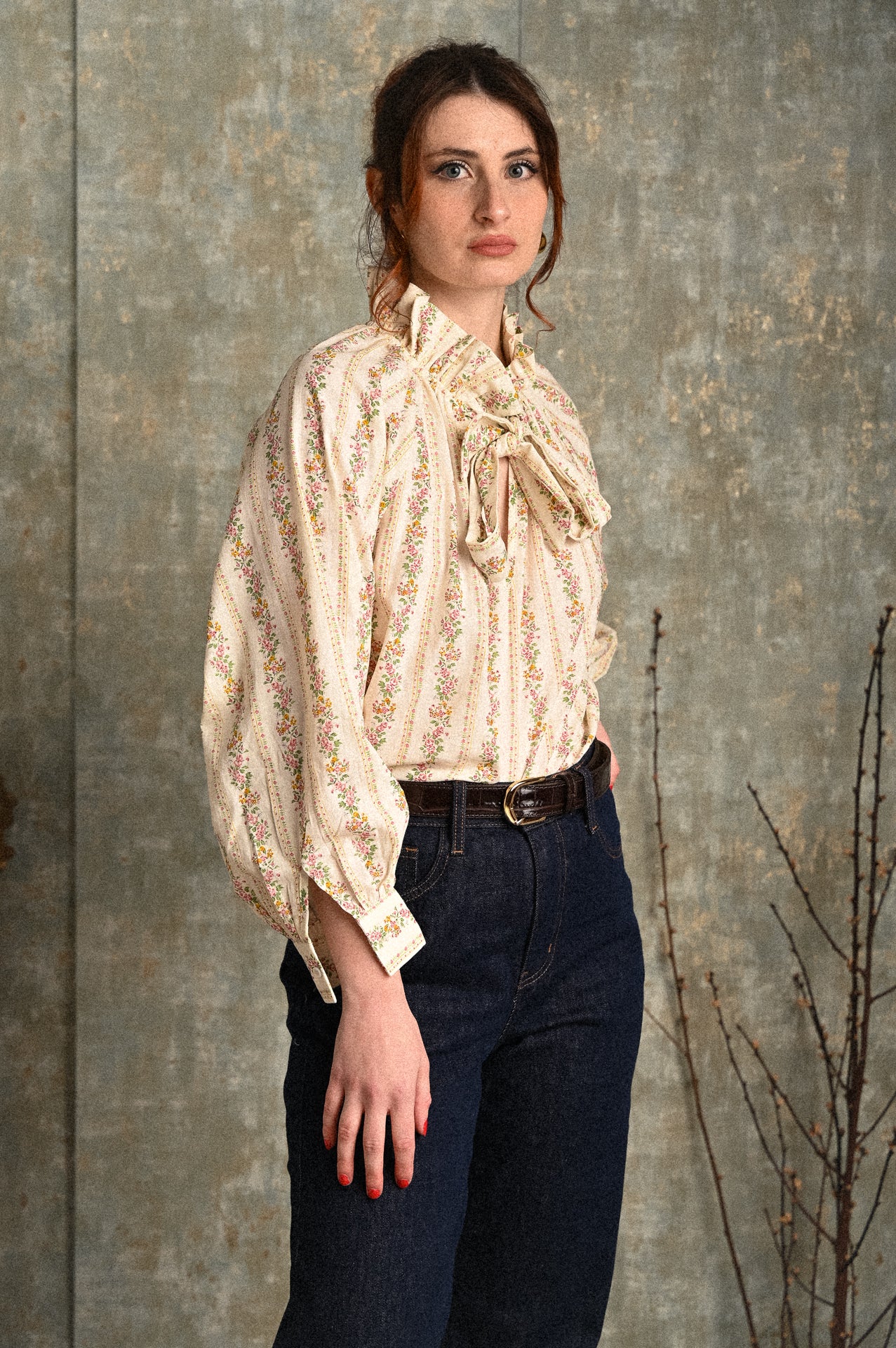 Camicia donna Roselie a fiori con fiocco – Blusa romantica in cotone 100% manica ampia