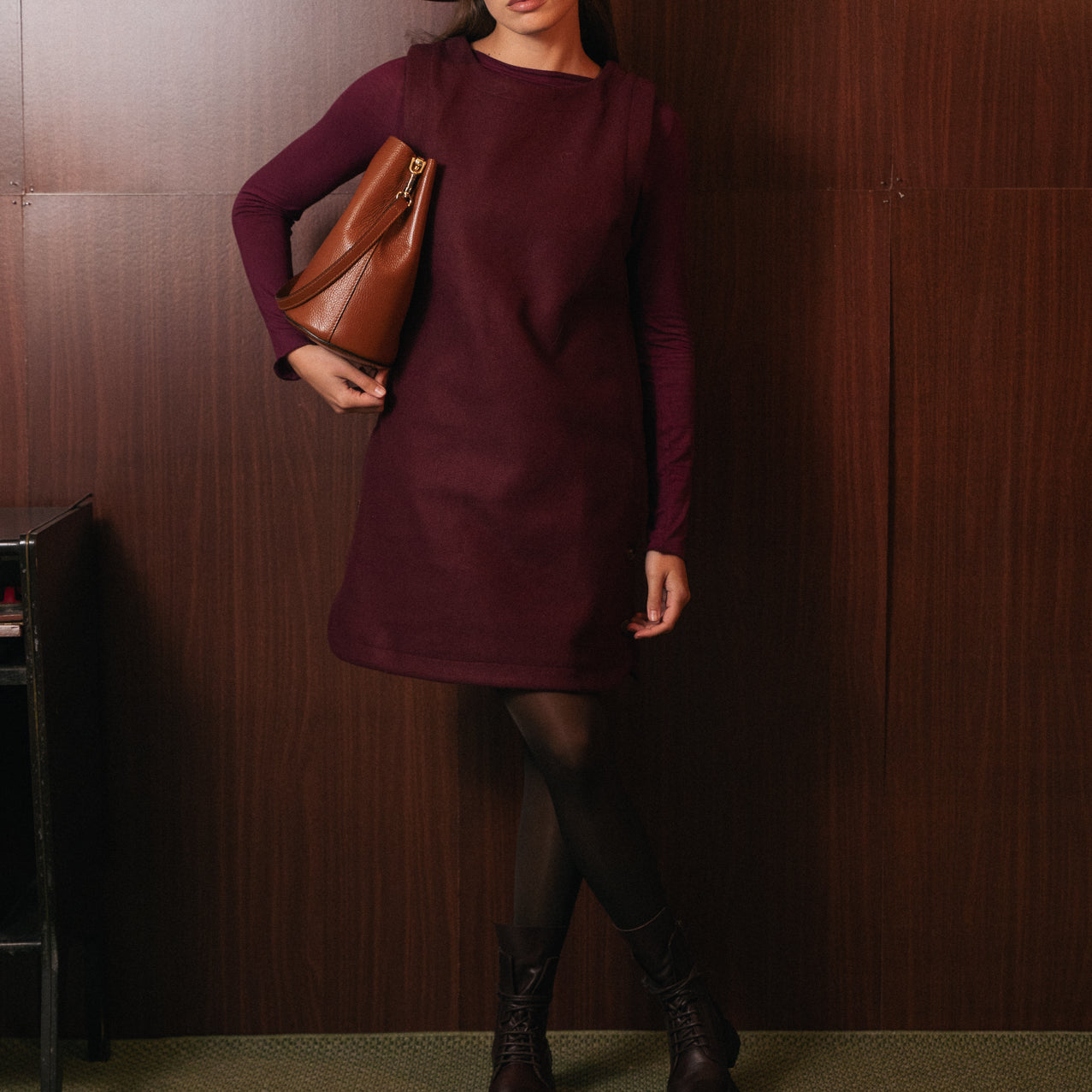 Abito Mini Donna a Bretelle Bordeaux | Stile Salopette (Pinafore Dress) | Senza Maniche