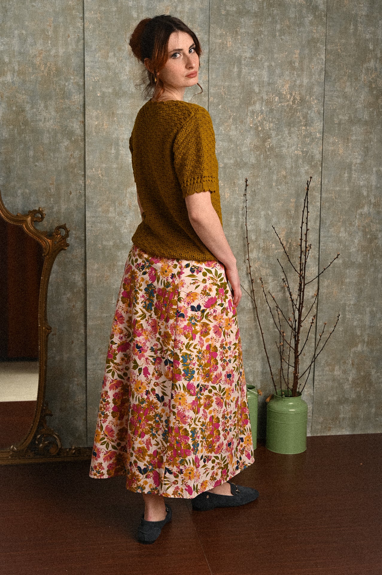 Gonna midi a portafoglio Ortensia in cotone floreale con abbottonatura laterale