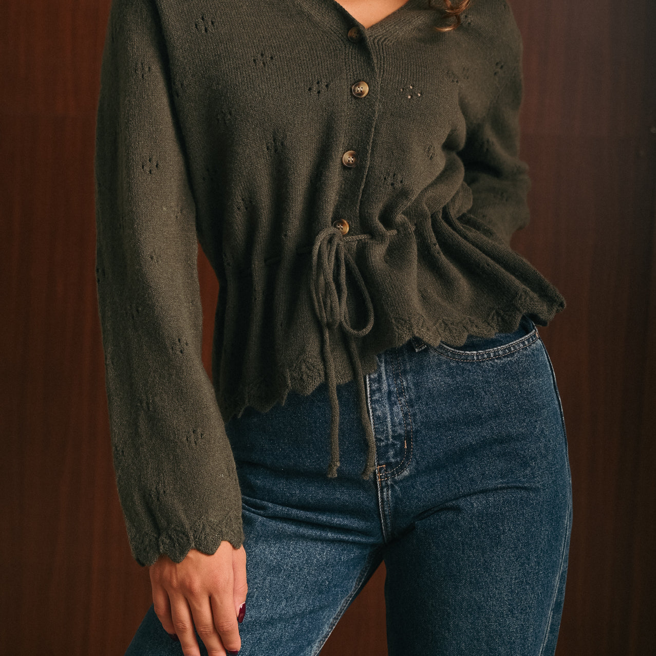 Cardigan Donna kaki Ricamato con Scollo a V