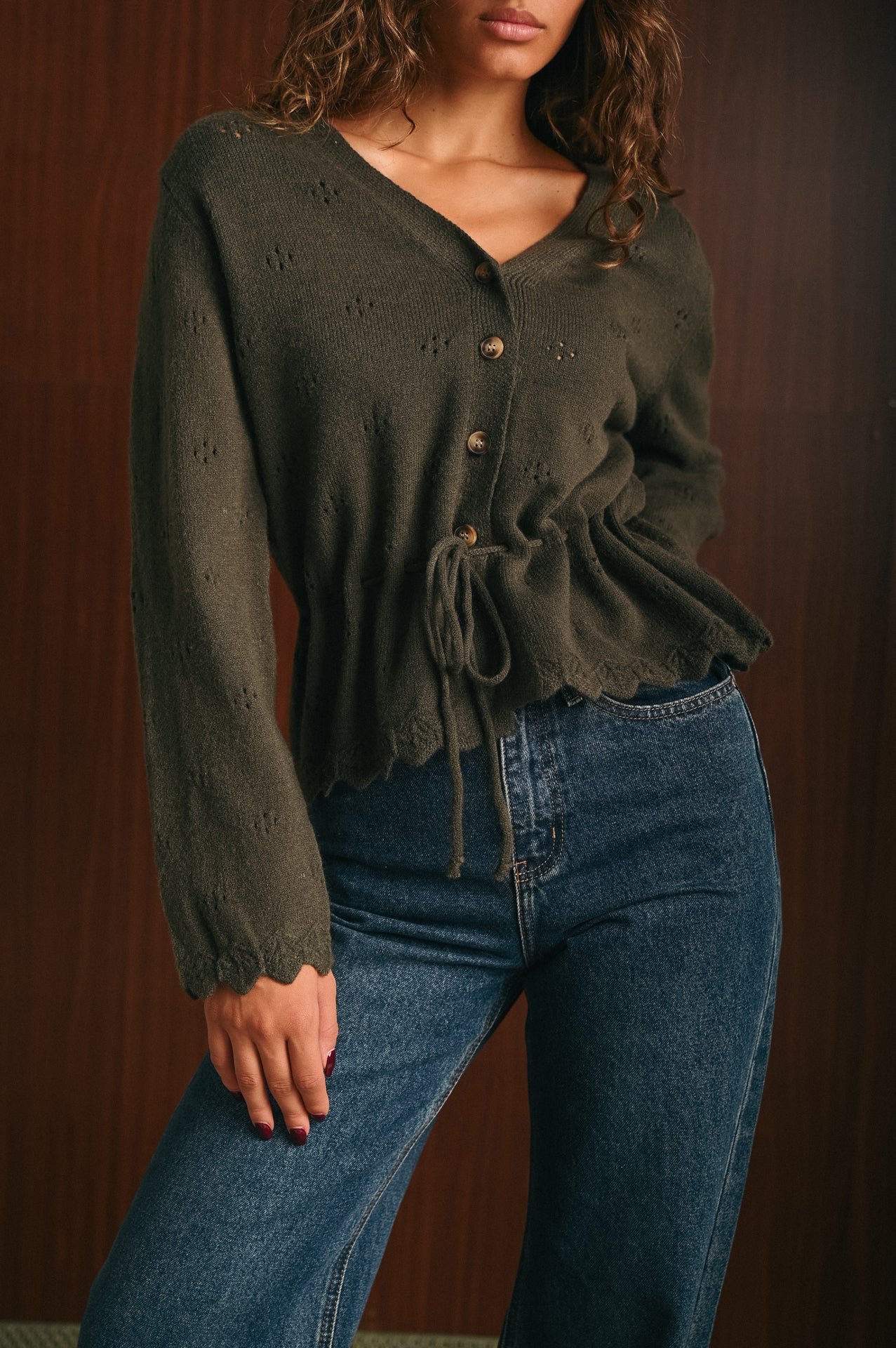 Cardigan Donna kaki Ricamato con Scollo a V