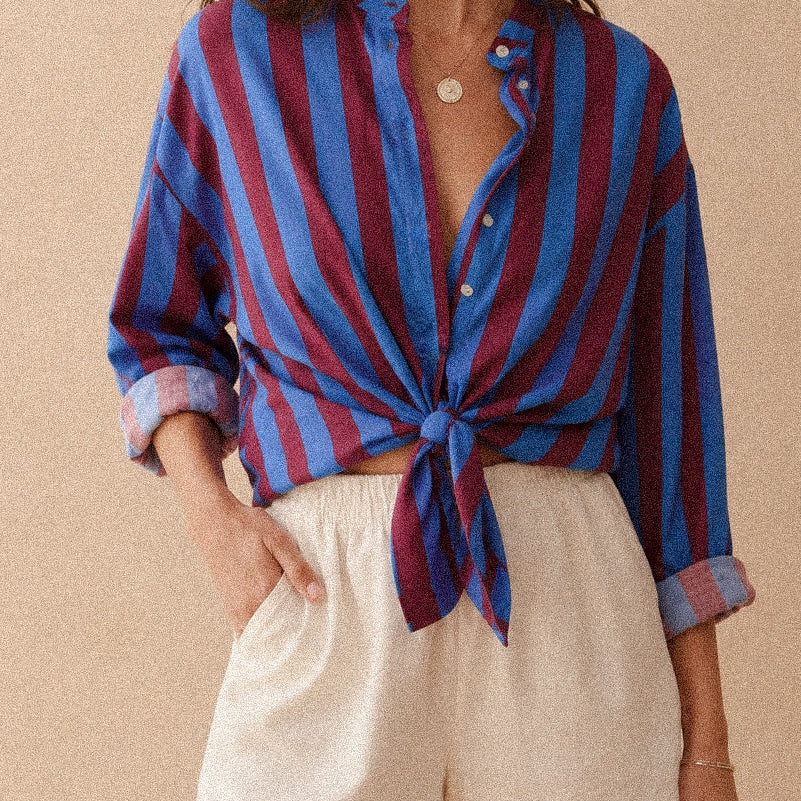 Camicia donna a righe blu e bordeaux con colletto coreano in cotone