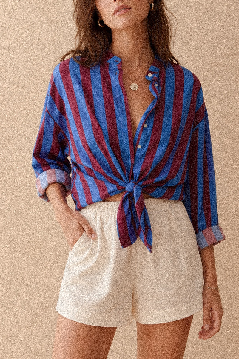 Camicia donna a righe blu e bordeaux con colletto coreano in cotone