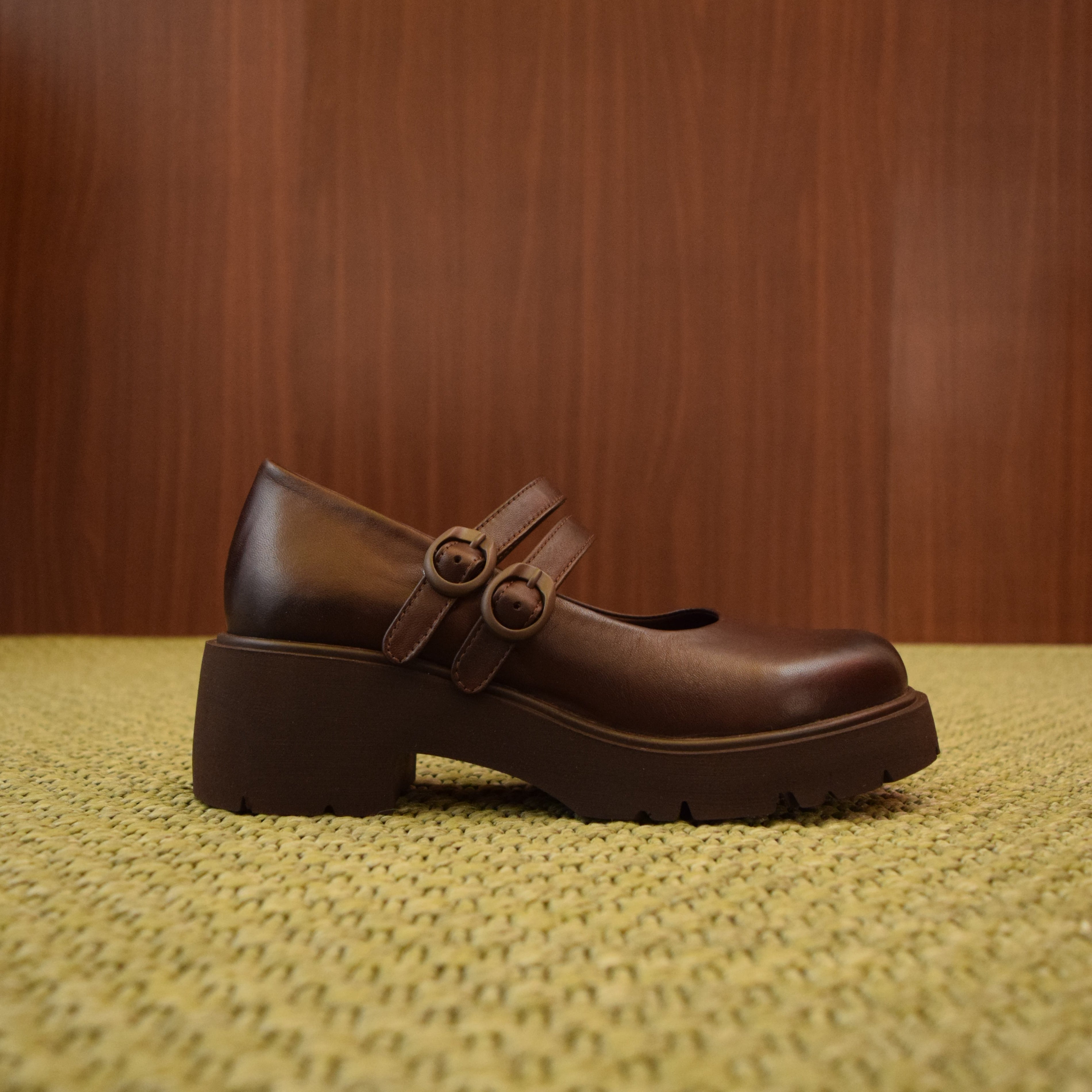 Scarpe Mary Jane Platform marroni Donna in Pelle | Doppio Cinturino | Suola Carrarmato Bassa