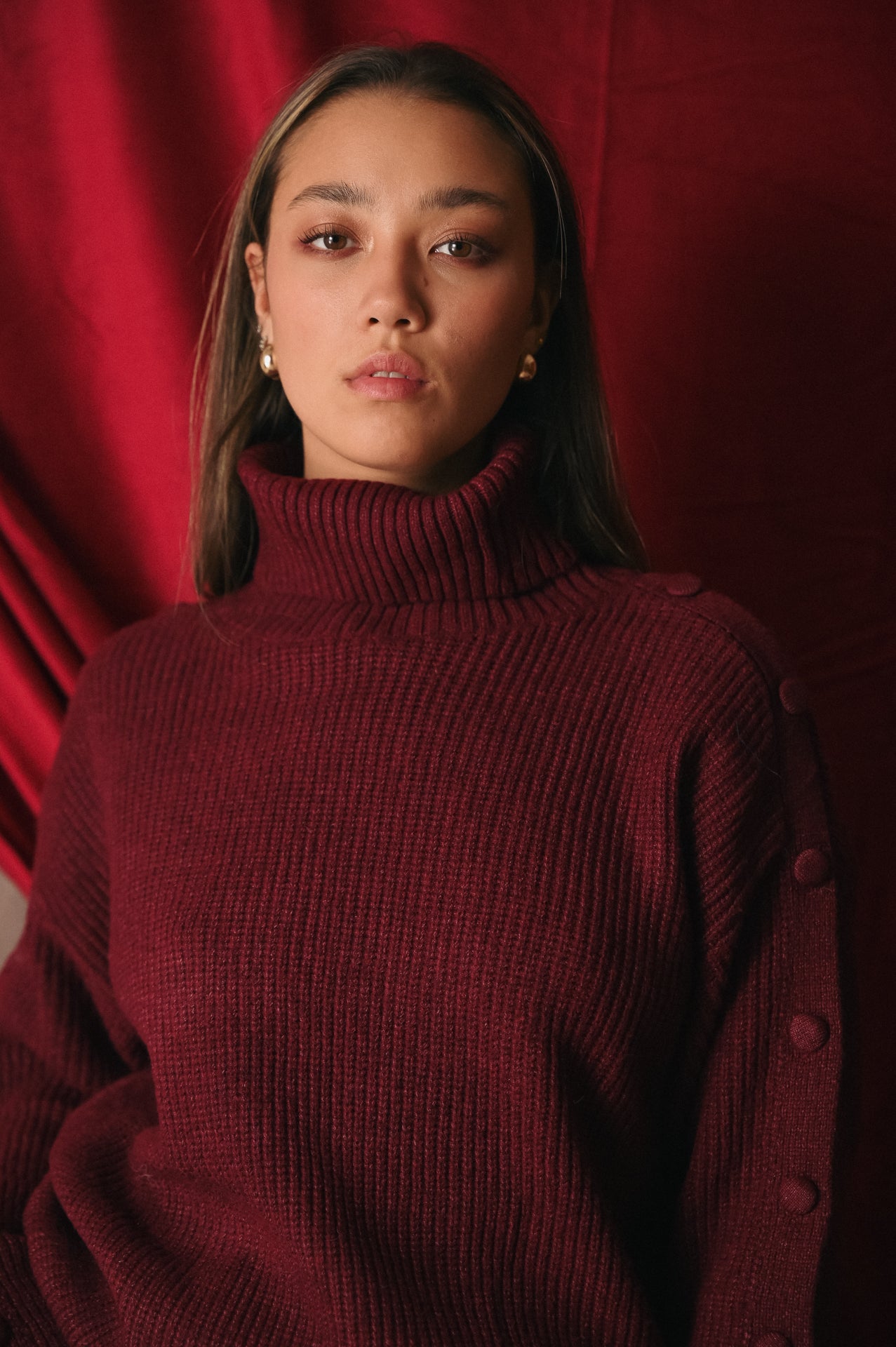 Maglione Donna Collo Alto Bordeaux | Pullover Misto Lana Bottoni sulle Maniche