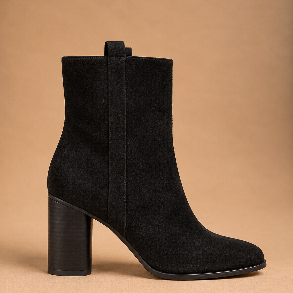 Stivaletti donna neri effetto suede con tacco cilindrico alto 7 cm e zip interna