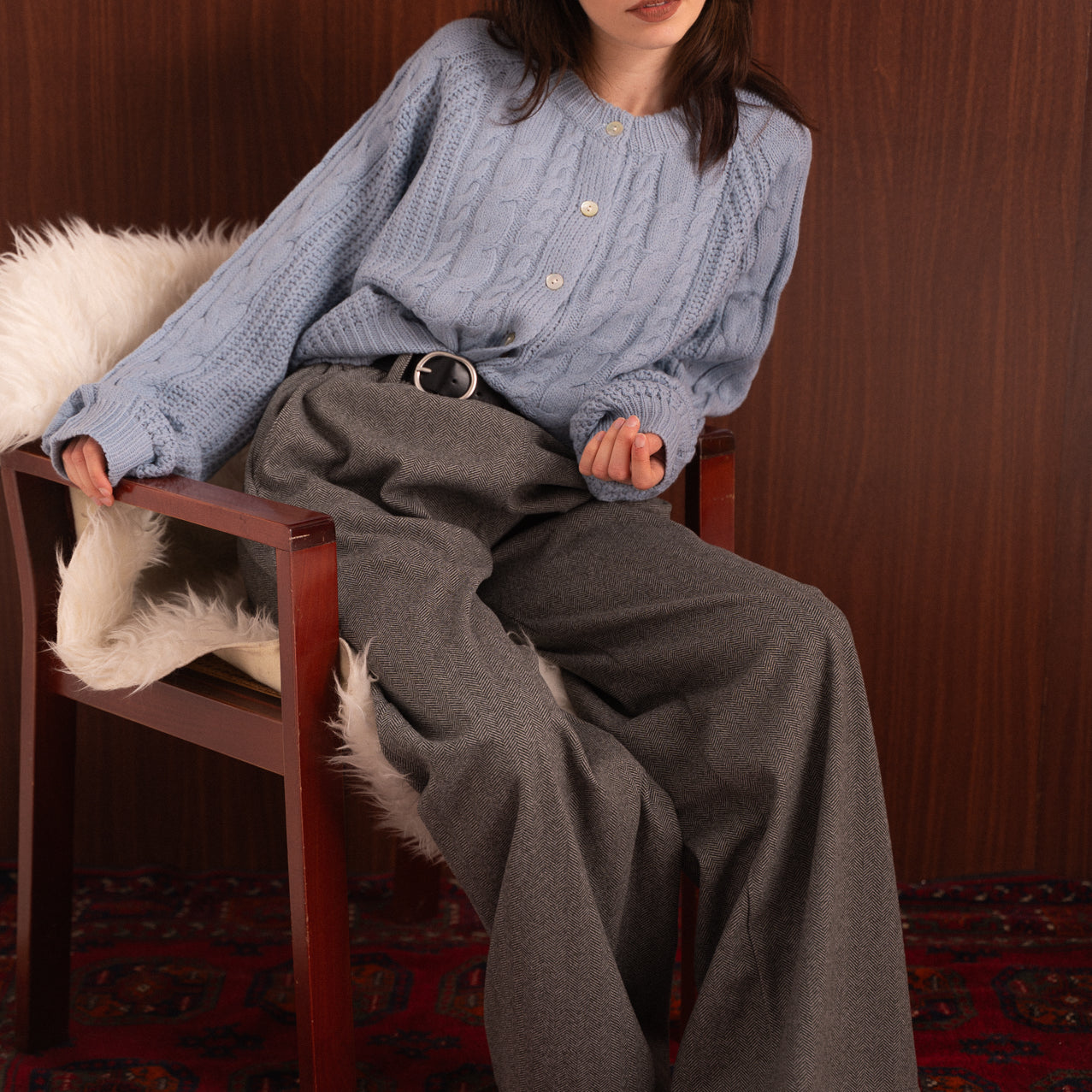 Pantalone Spigato Grigio con Elastico in Vita e Cintura