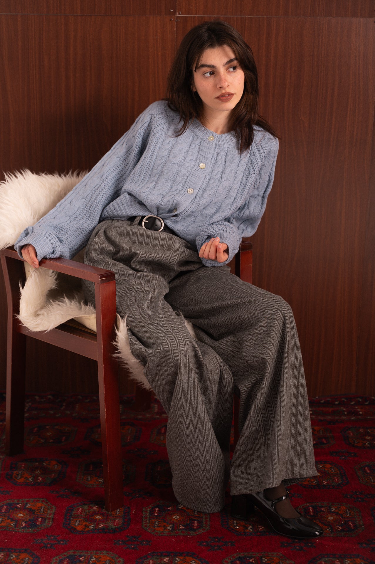 Pantalone Spigato Grigio con Elastico in Vita e Cintura