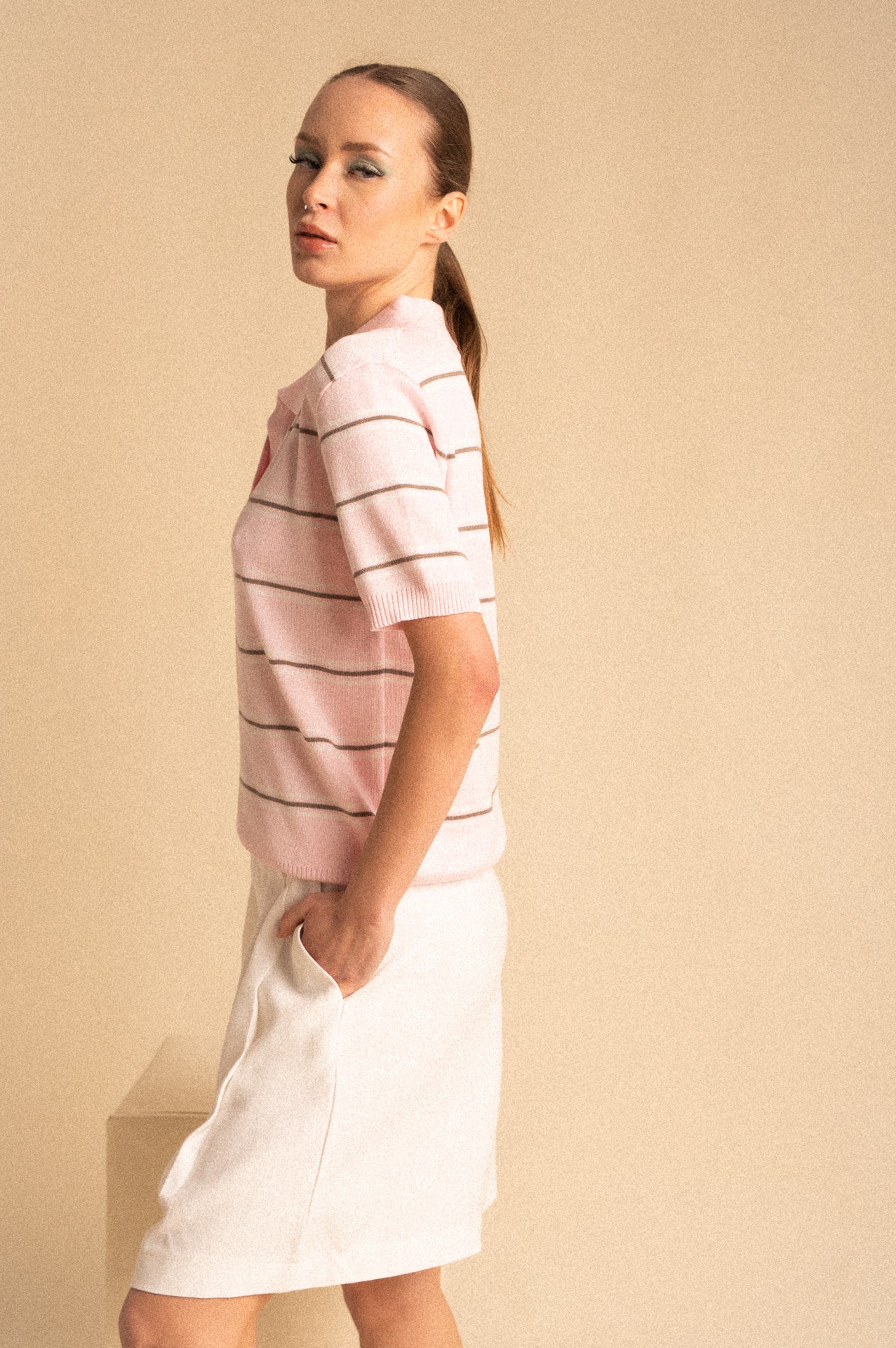 Polo Knit Rosa Cipria a Righe