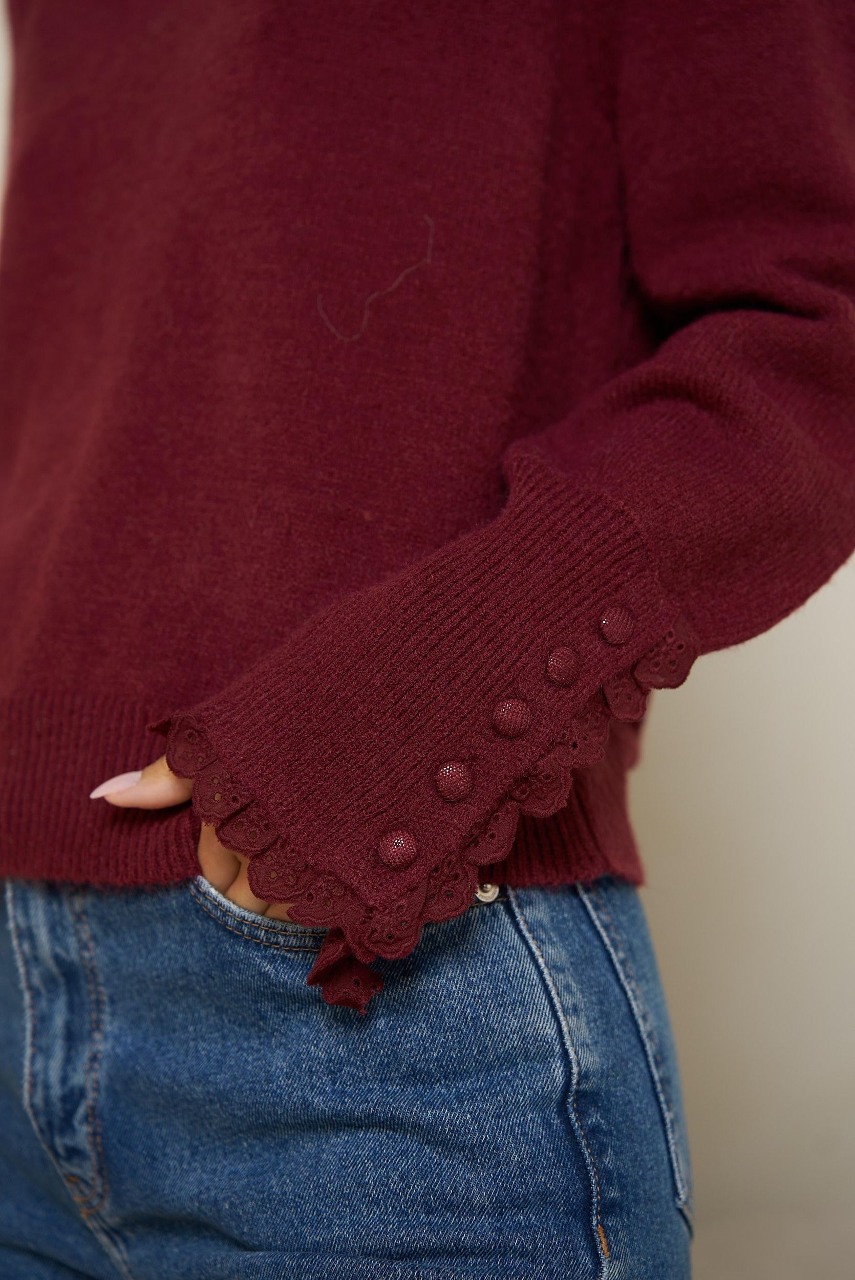 Maglia Donna bordeaux Modello Camille | Collo e Polsi in Pizzo | Misto Lana Morbido