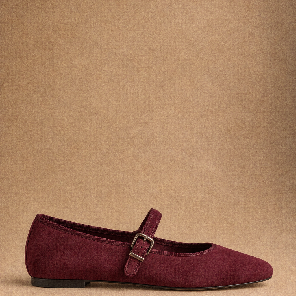Ballerina Mary Jane Donna in Velluto bordeaux con Cinturino Regolabile