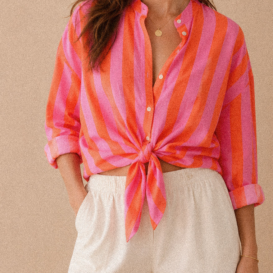 Camicia a Righe Rosa e Arancio con Colletto Coreano in Cotone
