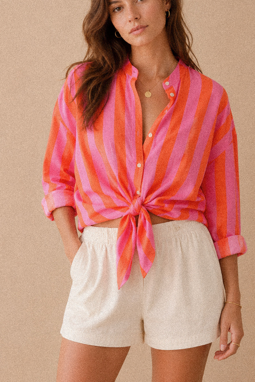 Camicia a Righe Rosa e Arancio con Colletto Coreano in Cotone