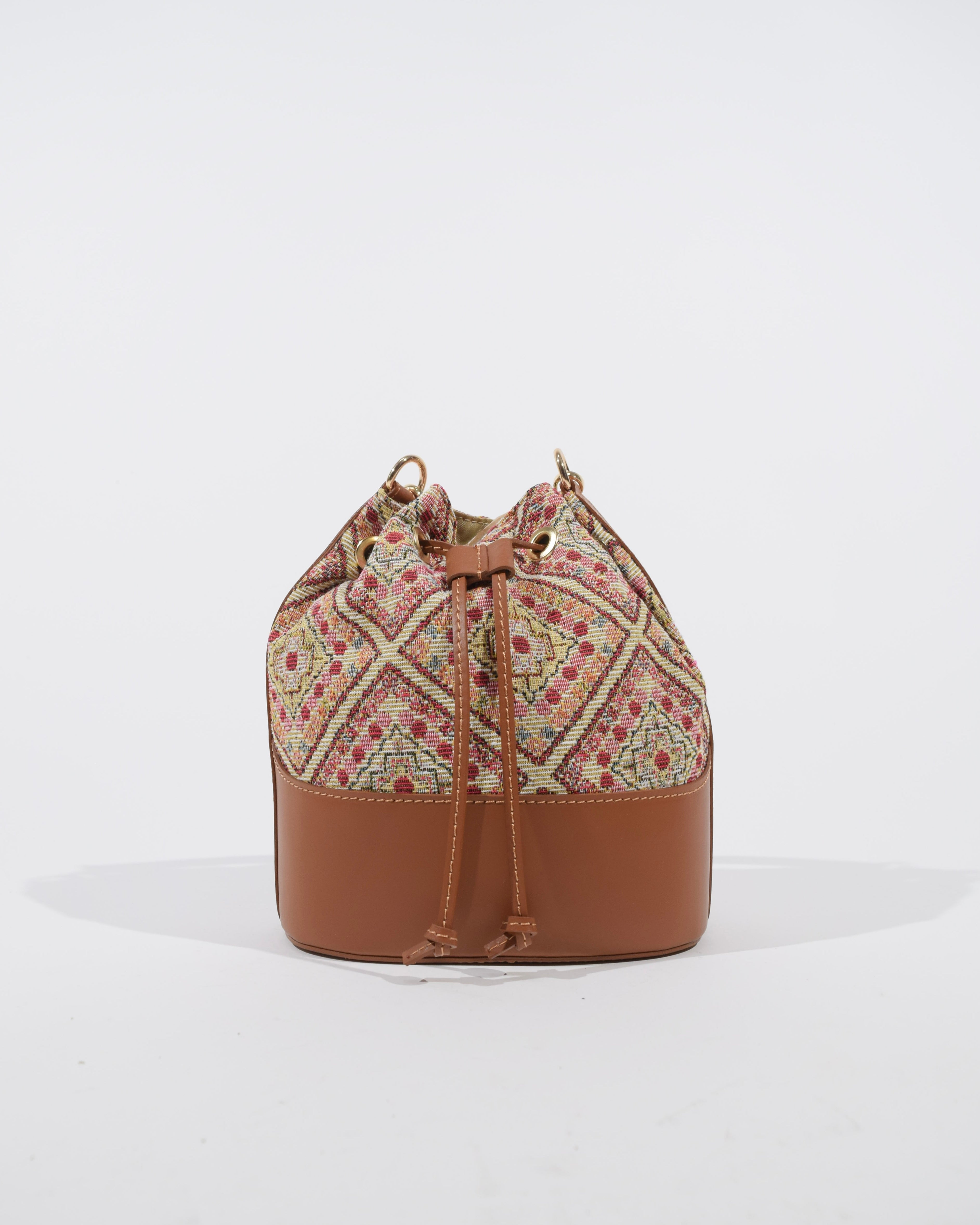 Bucket bag in leather and jacquard fabric