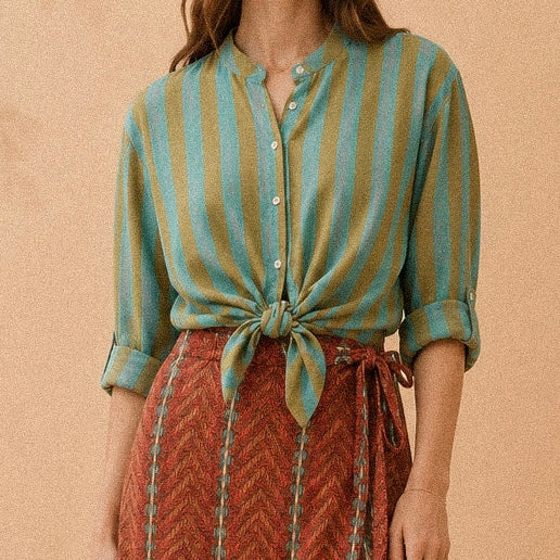 Camicia collo coreano a righe verde acqua e verde oliva in cotone