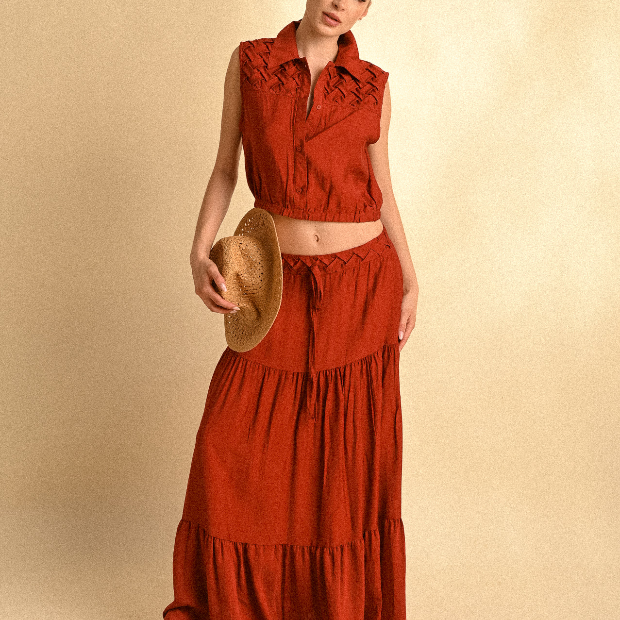 Completo Marrakech Terracotta – Top Intrecciato e Gonna Lunga a Balze Donna