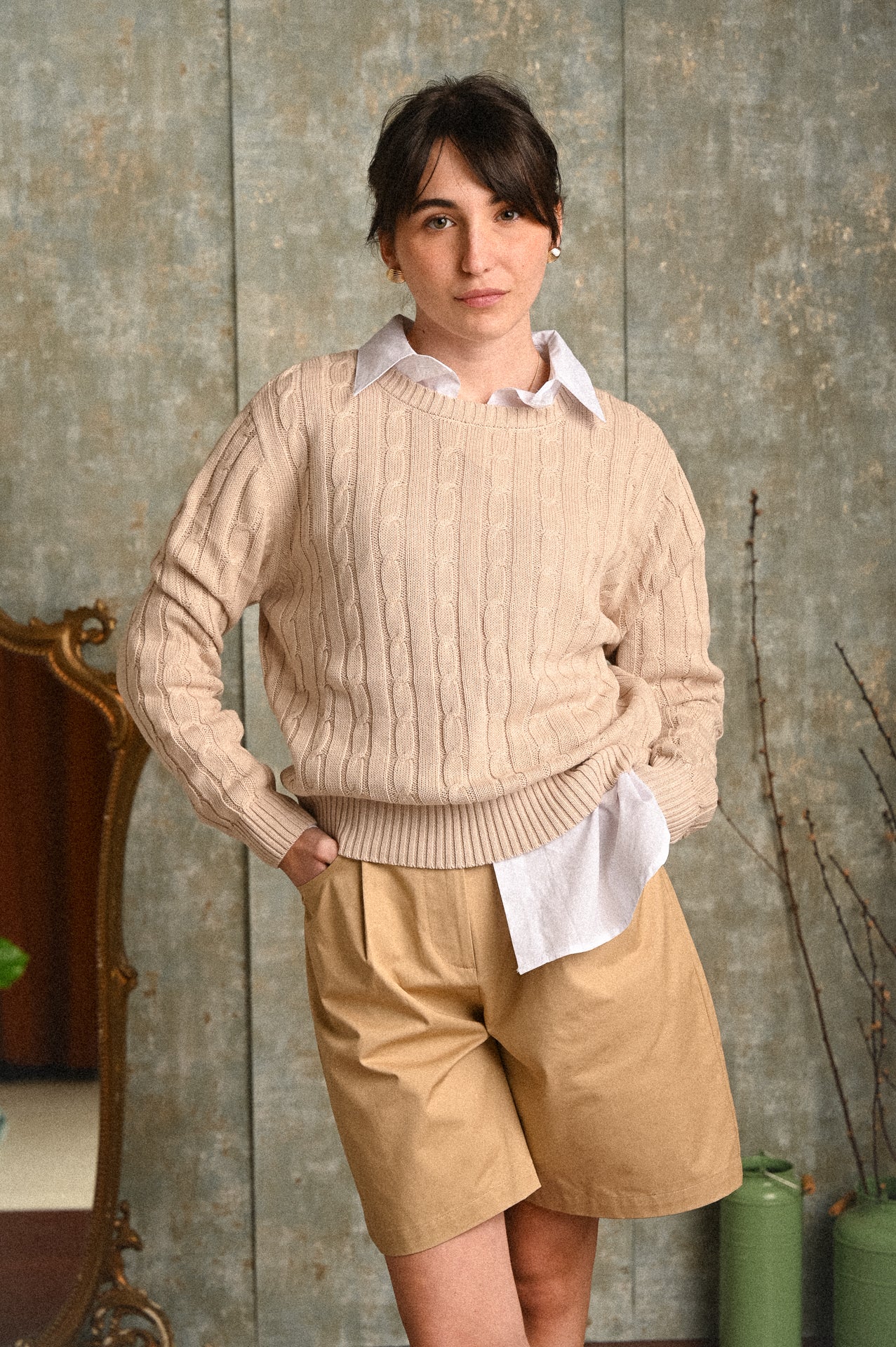 Maglione donna cotone motivo treccia 