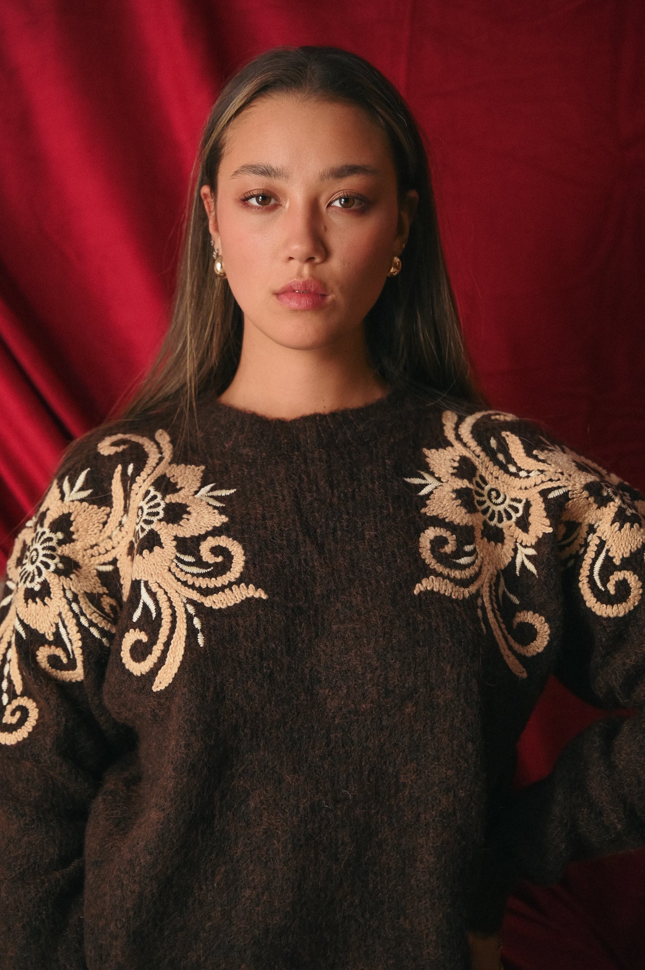 Maglione Donna Marrone Ricamo Fiori Beige |Stile Folk-Chic