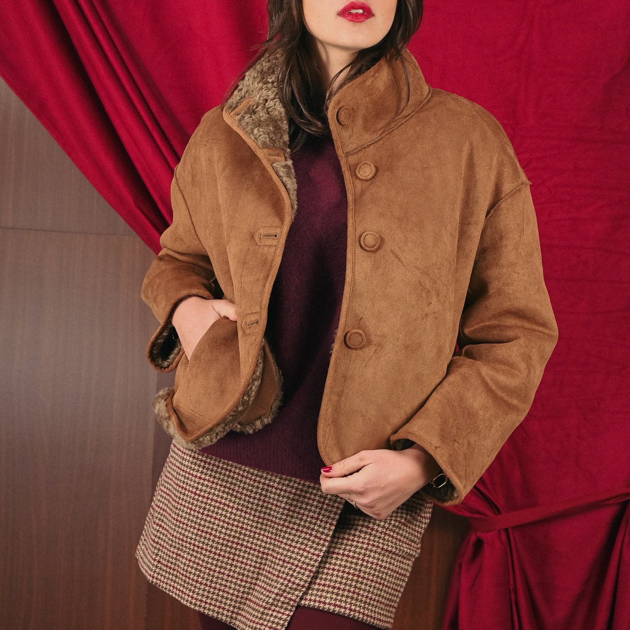 Giaccone Donna Double-Face Camoscio e Pelliccia Finta