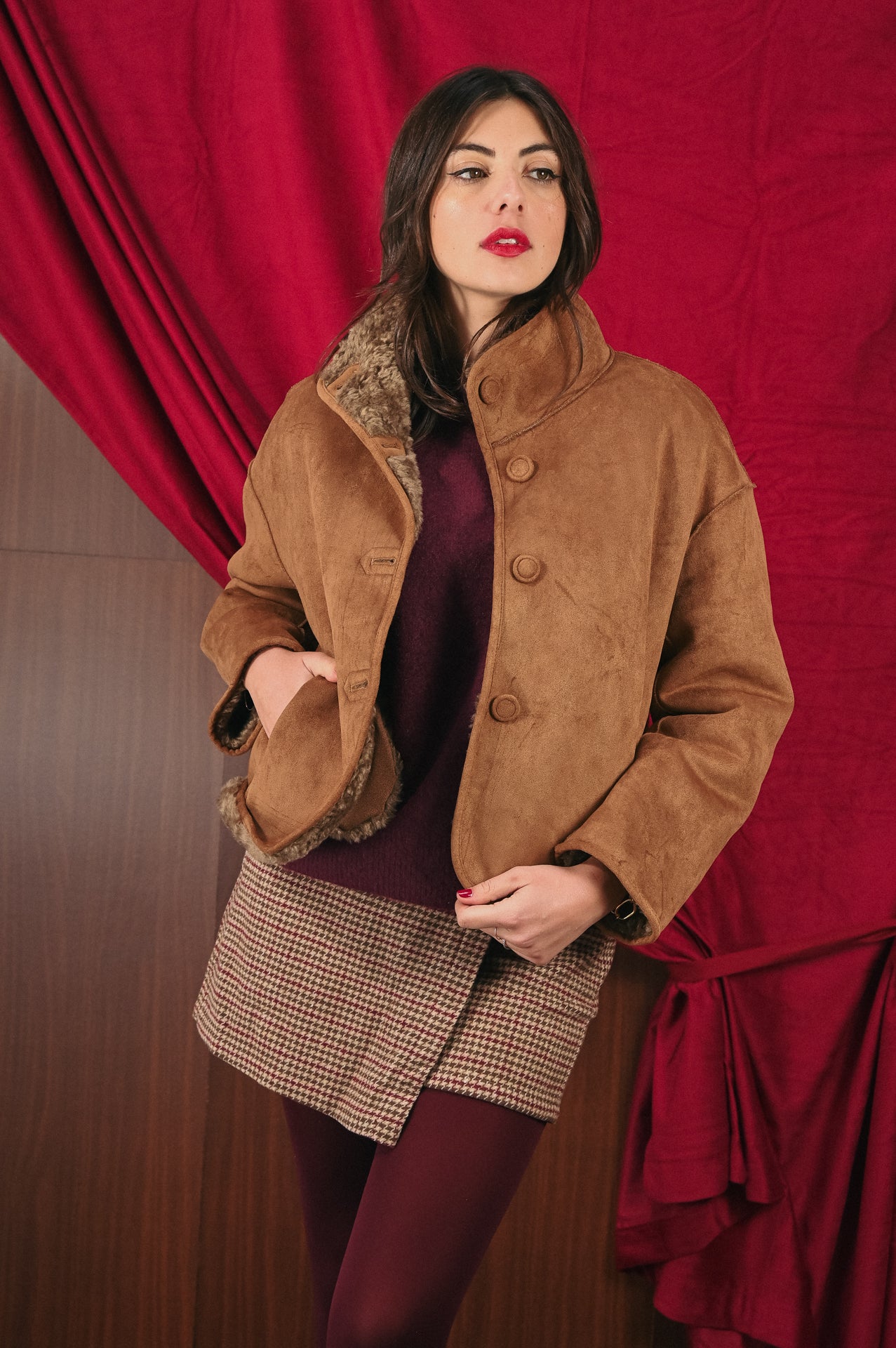 Giaccone Donna Double-Face Camoscio e Pelliccia Finta