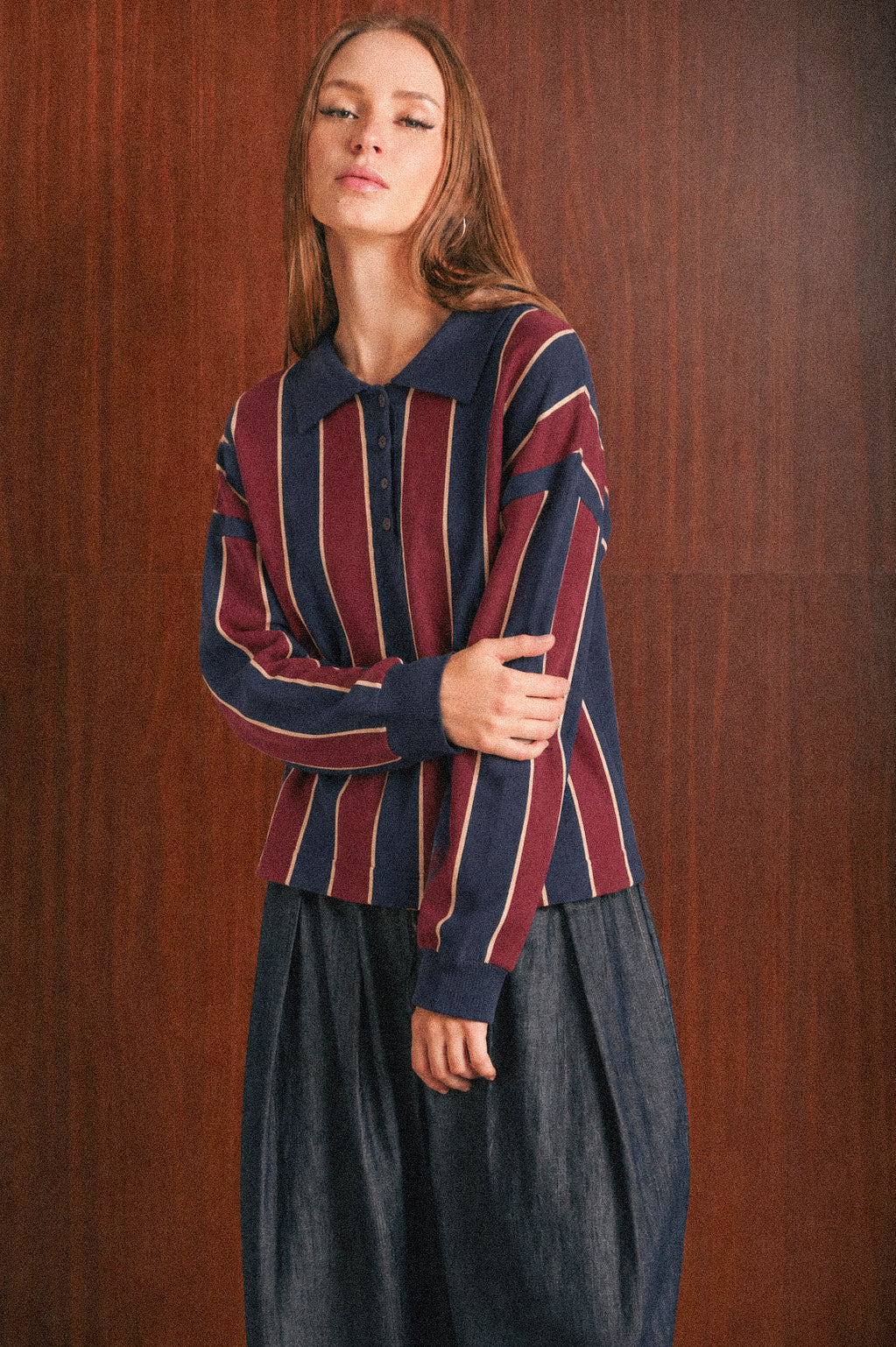 Polo Donna in Maglia a Righe Blu Navy e Bordeaux con Lana