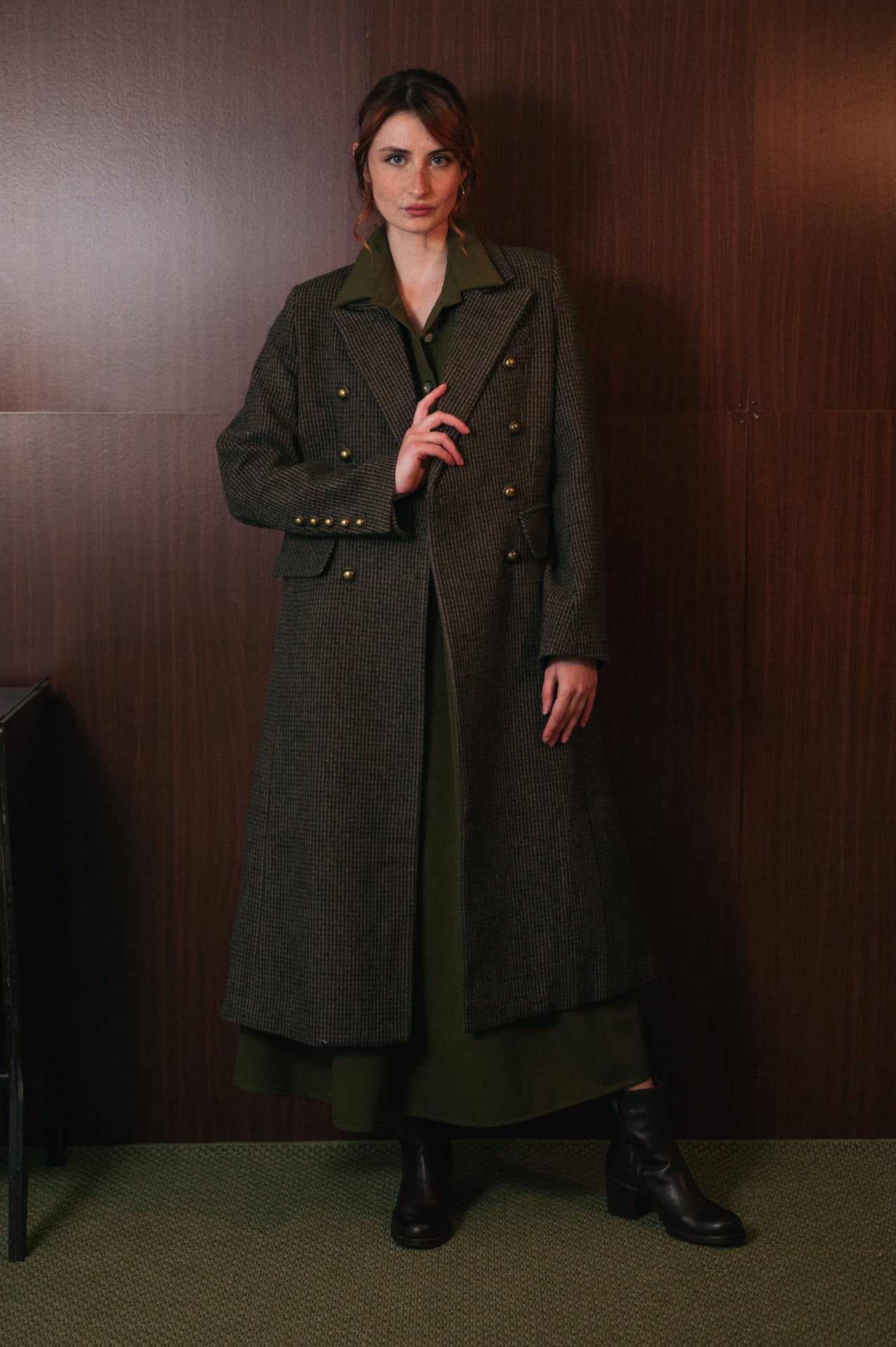 Cappotto Lungo Donna Fantasia Harris tweed color oliva