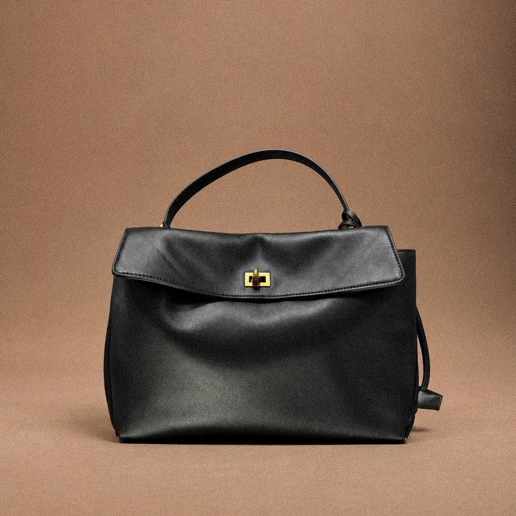 Borsa a Mano e Tracolla da Donna in Vera Pelle Liscia nera – Chiusura a Girello