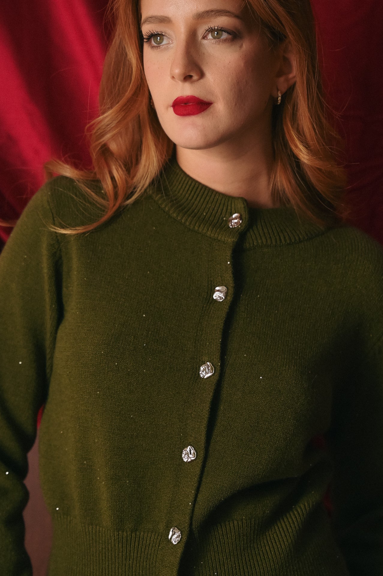 Cardigan Donna Verde Scintillante Bottoni Gioiello | Giacchino Paillettes Party