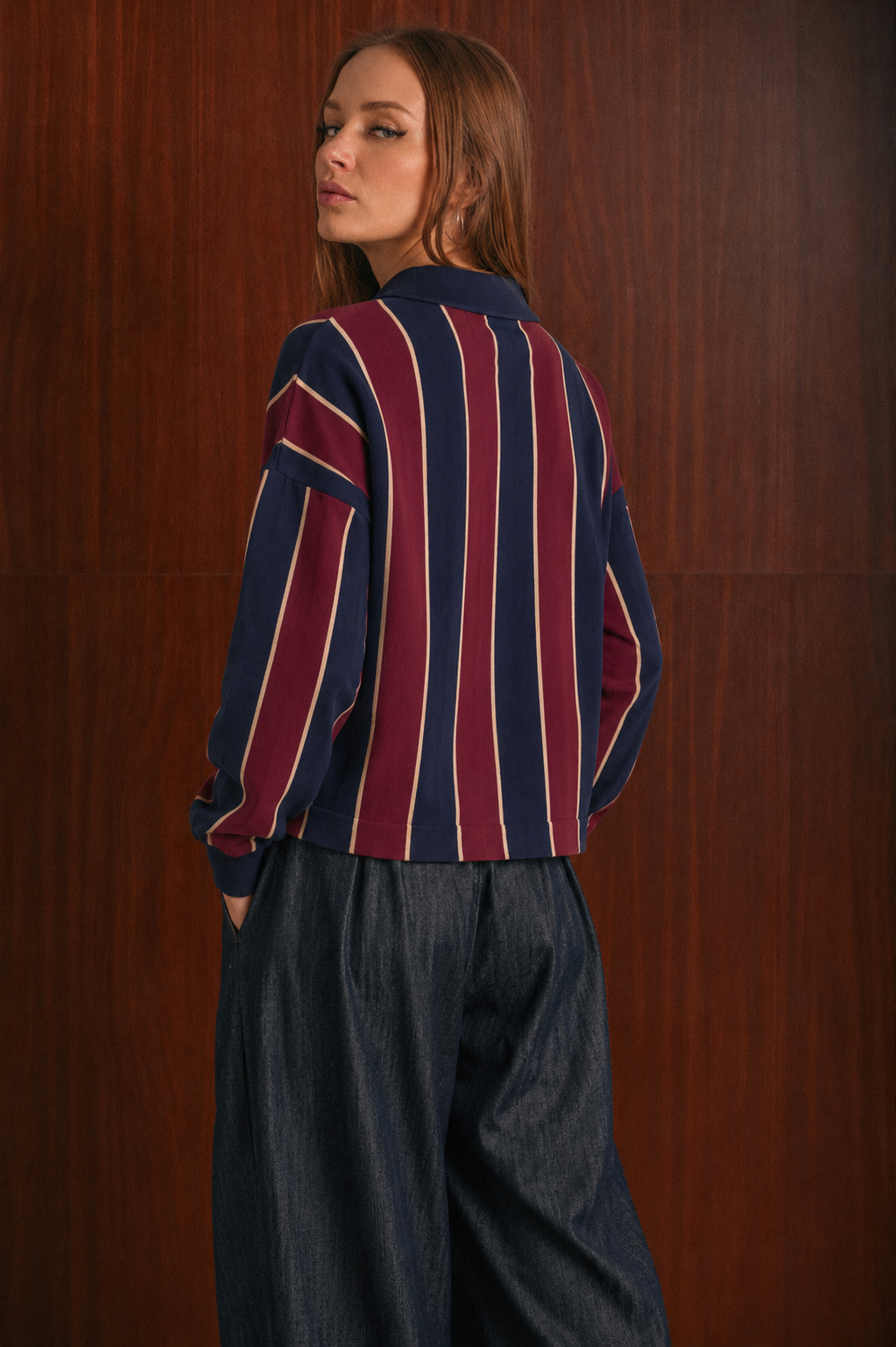Polo Donna in Maglia a Righe Blu Navy e Bordeaux con Lana