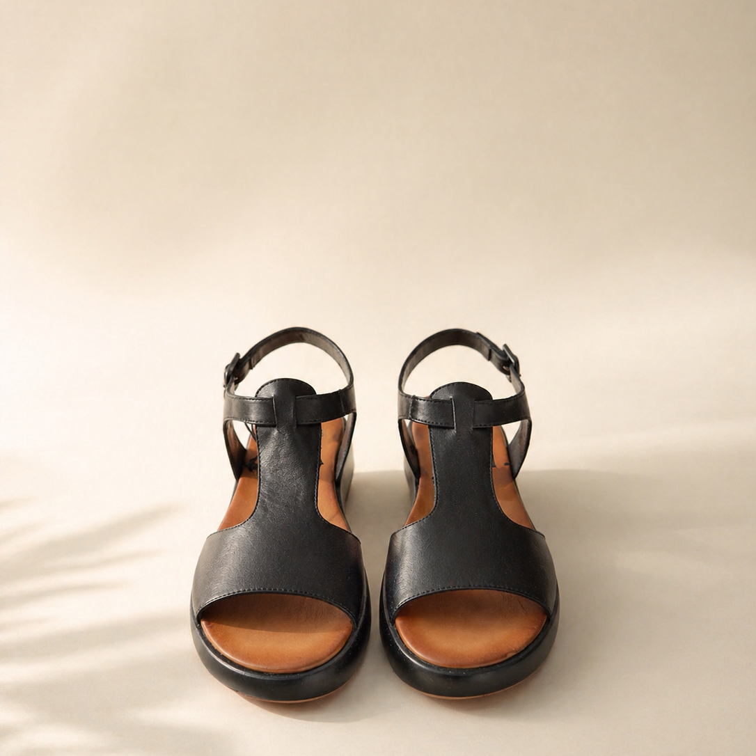 Sandalo T-Bar in Pelle Nero con Plateau 3 cm e Cinturino Regolabile