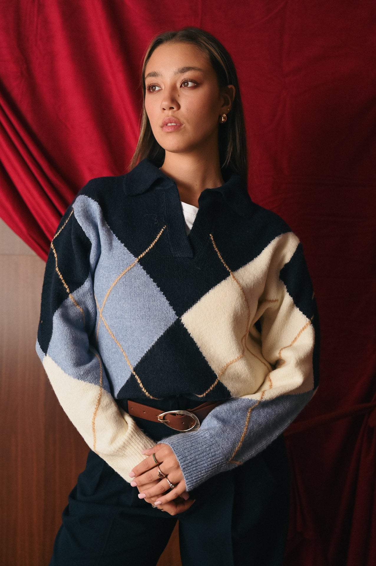 Maglione Donna Argyle Collo Polo | Pullover Rombo Scollo a V | Stile Preppy