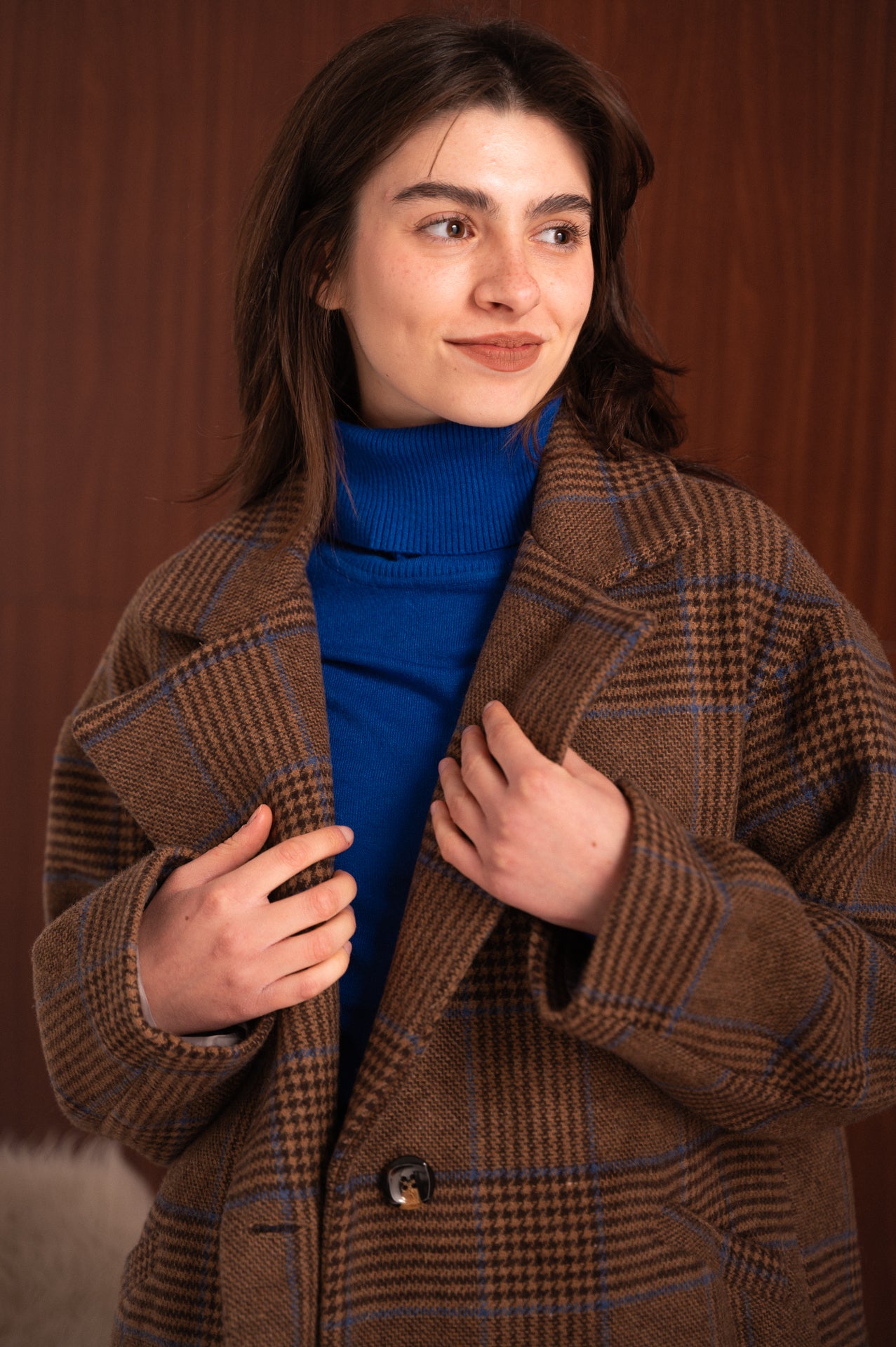 Cappotto blazer a quadri marrone con velina interna