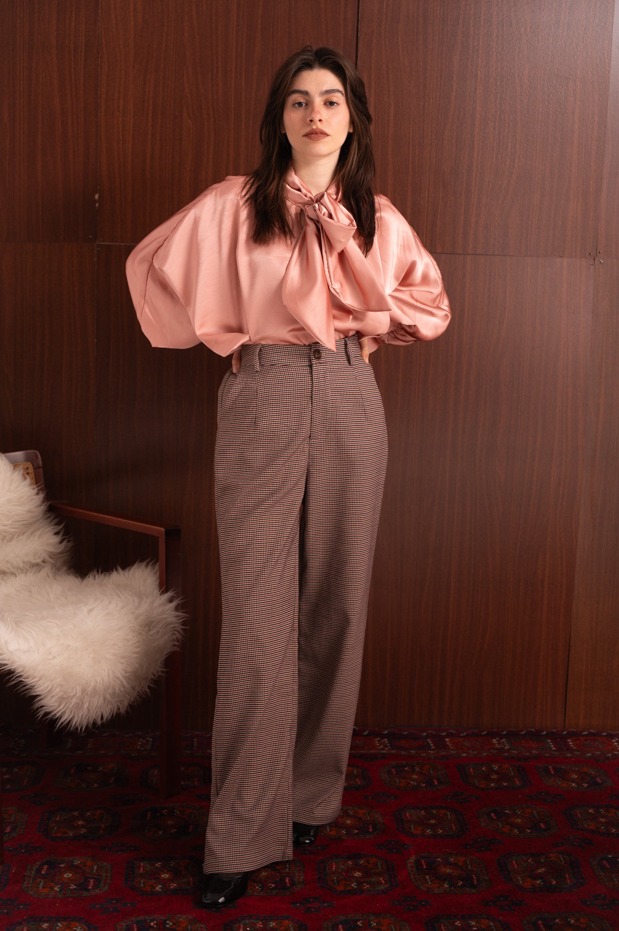 Pantalone Pied de Poule Bordeaux e Blu a Vita Elasticizzata